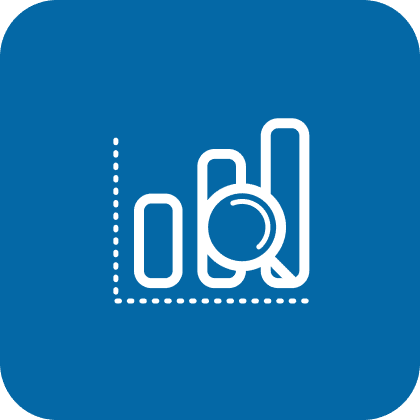 Magnifying glass examining a bar chart icon on a blue background.