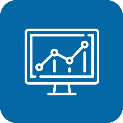 Icon of a computer monitor displaying a line graph with data points, on a blue background.