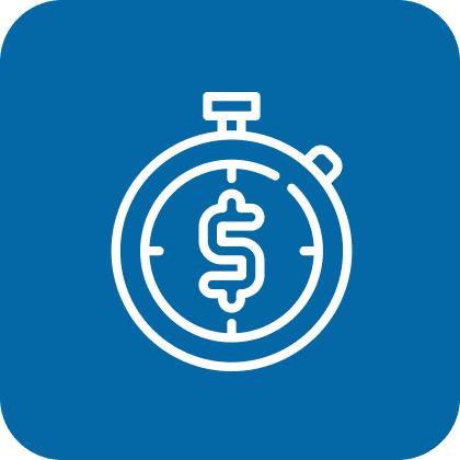 Icon of a stopwatch with a dollar sign inside on a blue background.