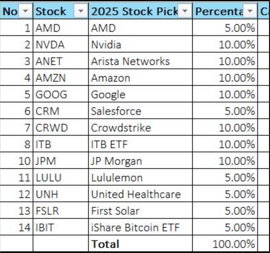 Spreadsheet showing 2025 stock picks: AMD, Nvidia, Arista Networks, Amazon, Google, Salesforce, Crowdstrike, ITB ETF, JP Morgan, Lululemon, United Healthcare, First Solar, and iShare Bitcoin ETF.