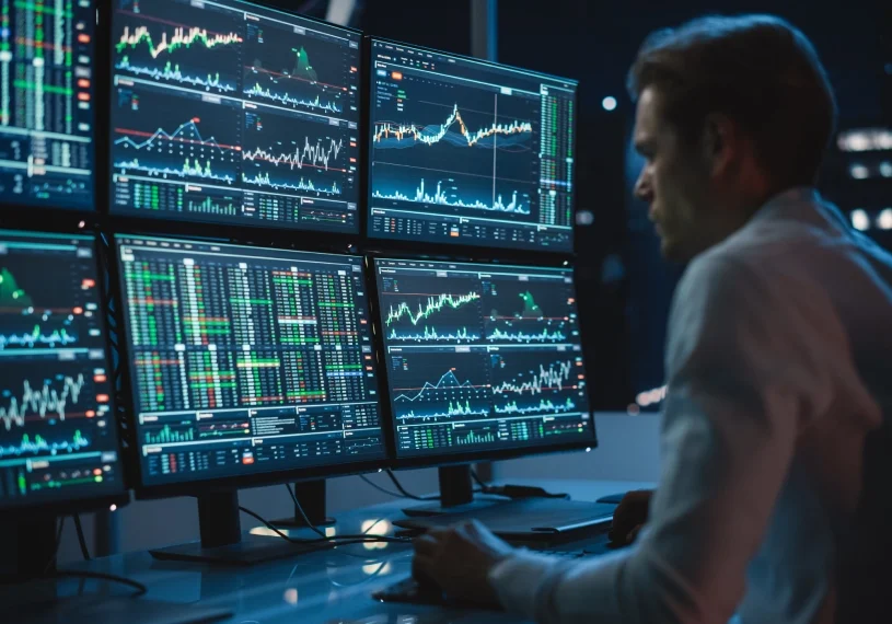 Person analyzing financial data on multiple computer screens displaying charts and graphs.